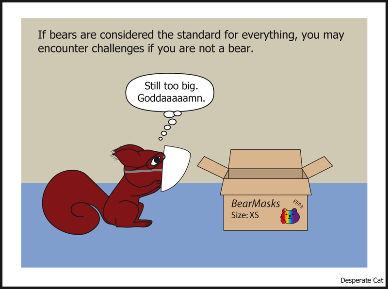 A squirrel wears an oversized mask that comes from a package of "bearmasks FFP3 size XS" and thinks: "Still too big. Goddaaaaamn." There is a text above the picture saying "If bears are considered the standard for everything, you may encounter challenges if you are not a bear."